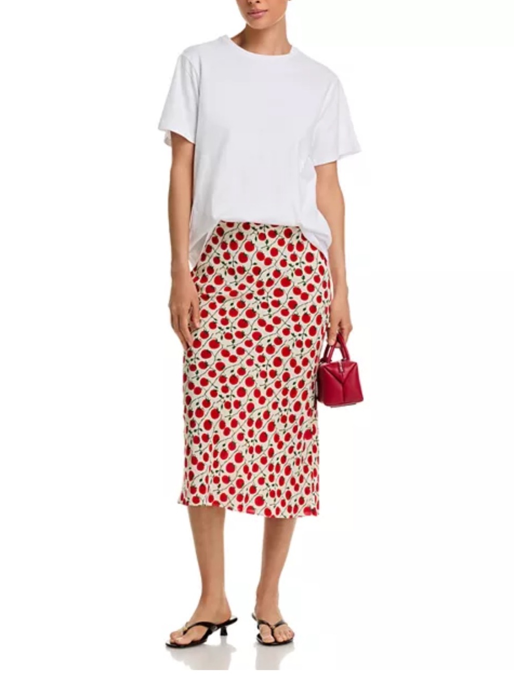 STAUD Angela One the Vine Tomato Print Bias Cut Side Zip Midi Skirt Size 2